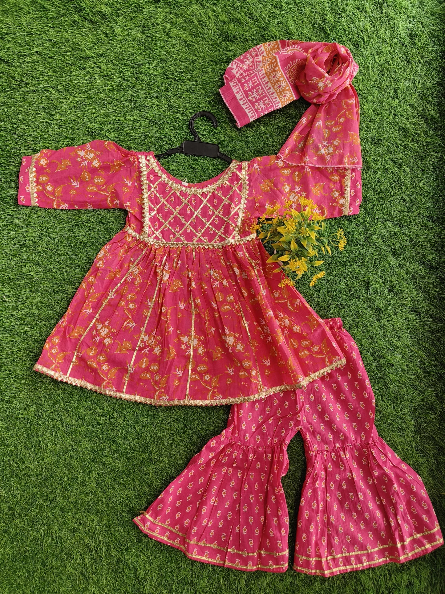 Vintage Red-Pink Printed Cotton Sharara Outfit Set for Girl