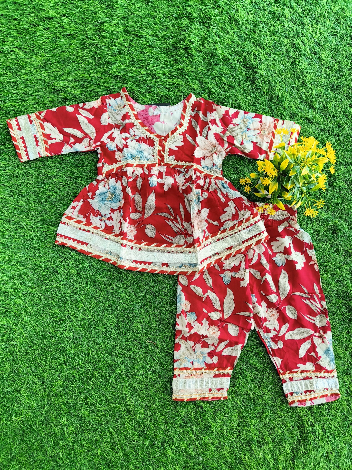 Wonder White Small Leaf Printed Kurti and Pant Outfit for Girl