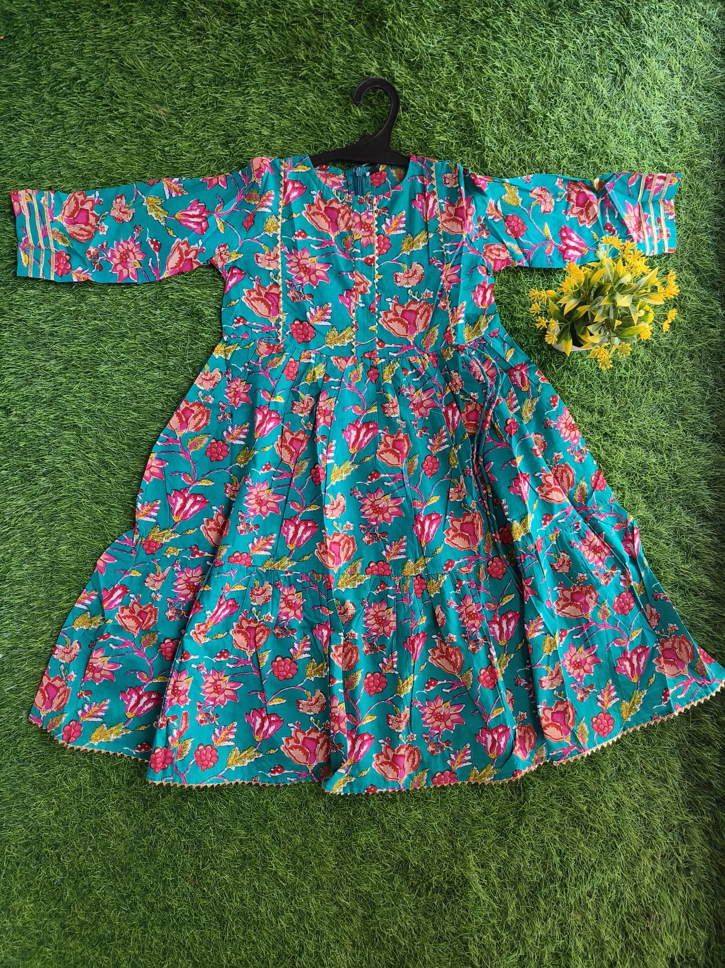 Glorious Antique Flowered Printed Cotton Frock Outfit for Girl