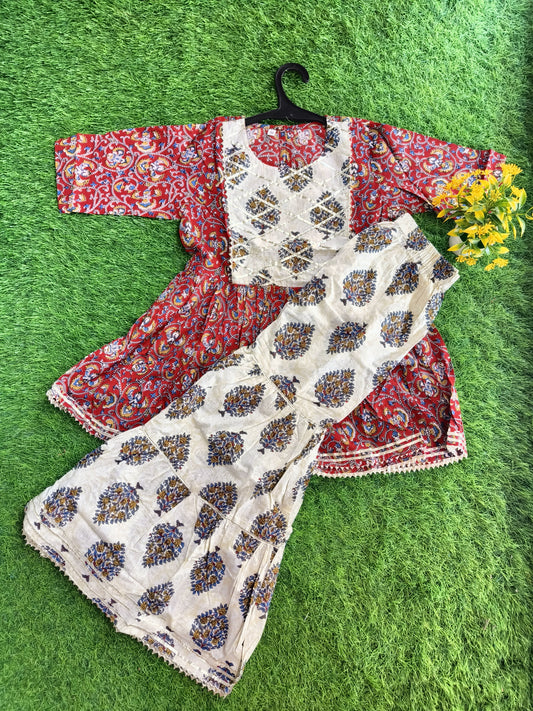 Wonder Wine-Red Printed Cotton Sharara Outfit Set for Girl