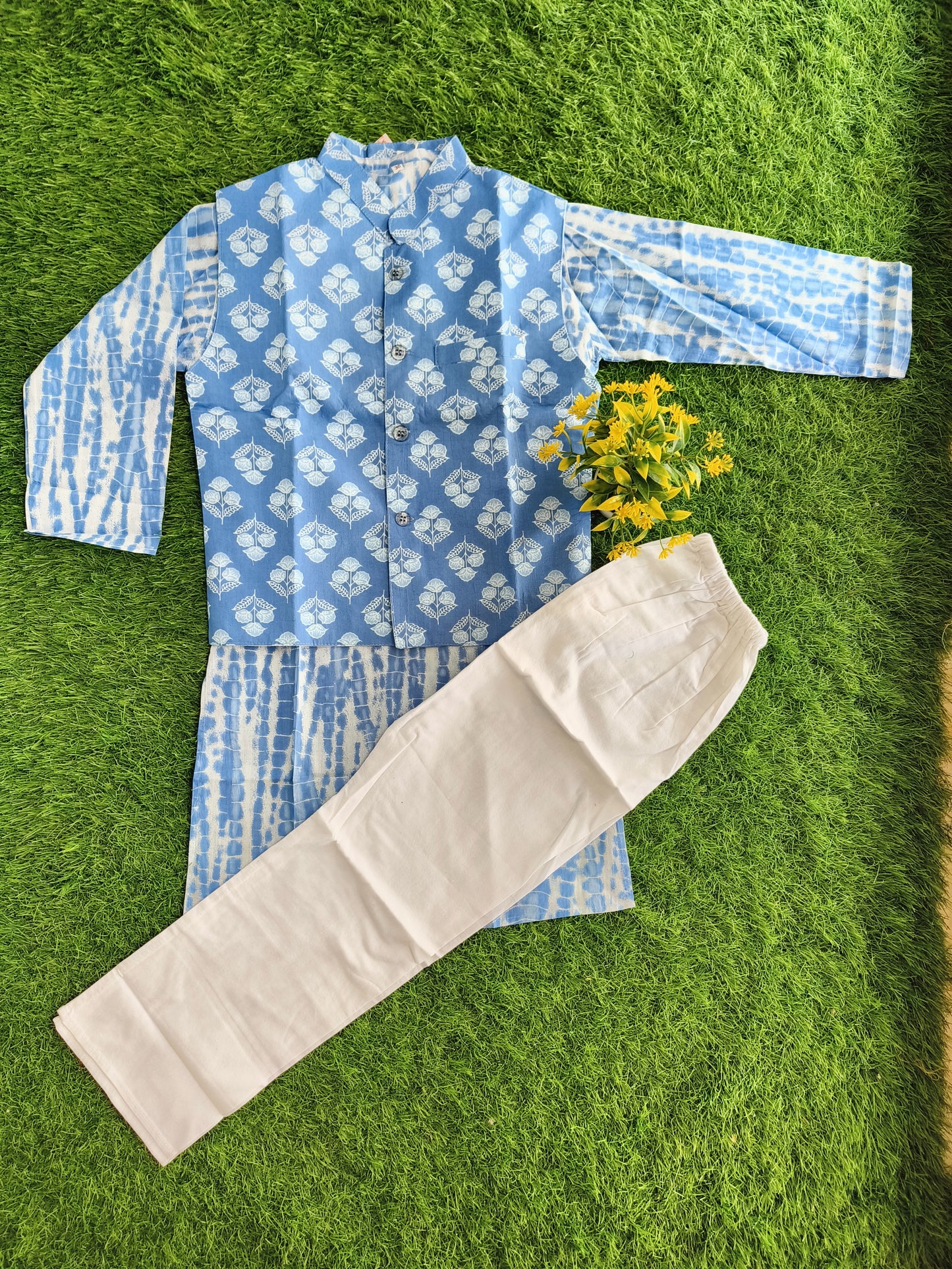 Sky Blue Star Printed Nehru Jacket with Linen Kurta Outfit Set for Boy