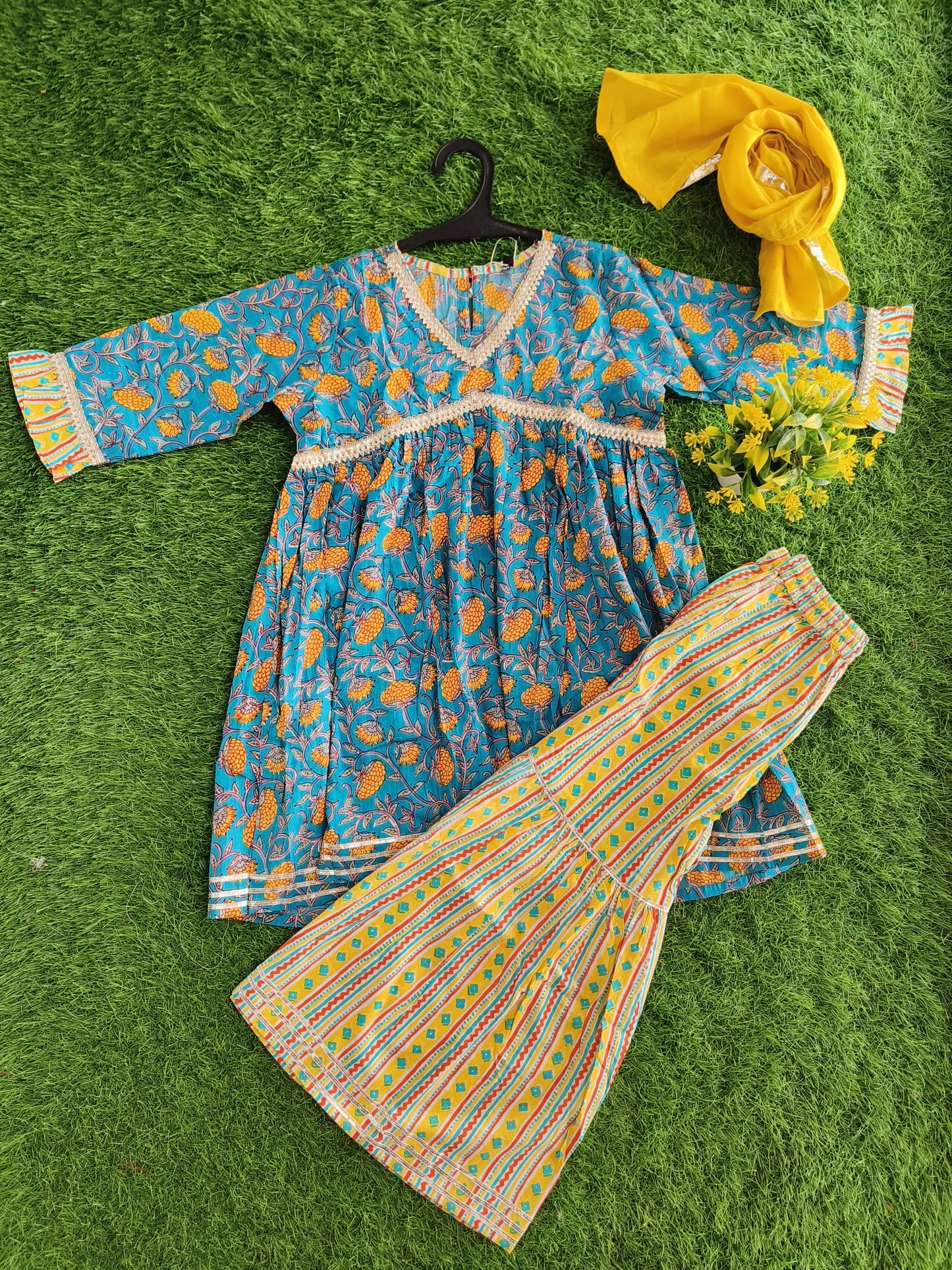Irish Blue and Yellow Cotton Sharara Outfit Set with Dupatta