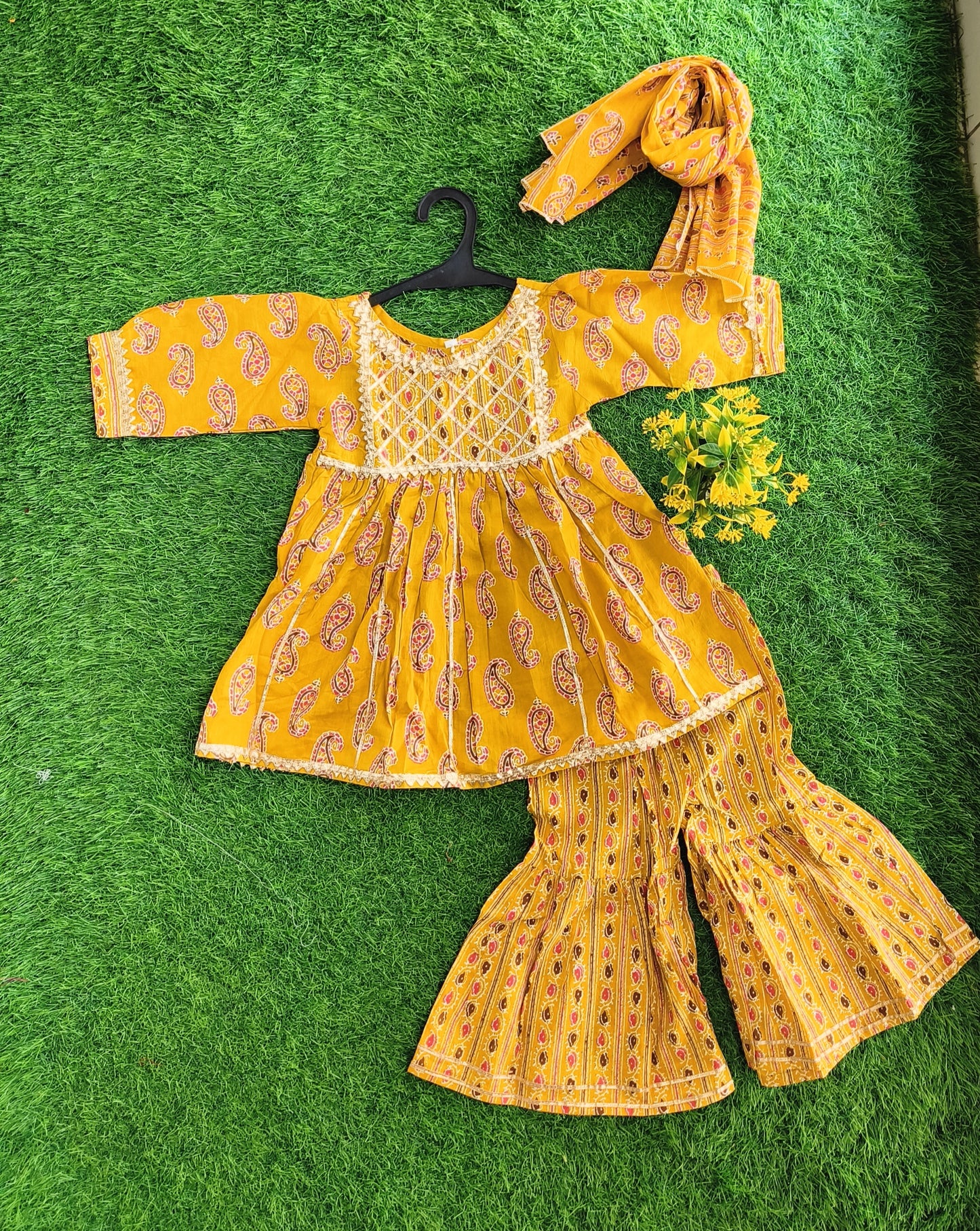 Festive Indian-Yellow Printed Cotton Sharara Outfit Set with Dupatta for Girl