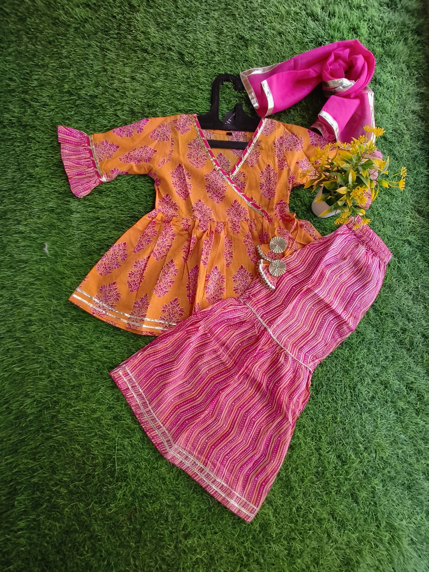Escape Ethnic-Orange Printed Cotton Sharara Outfit Set with Dupatta for Girl