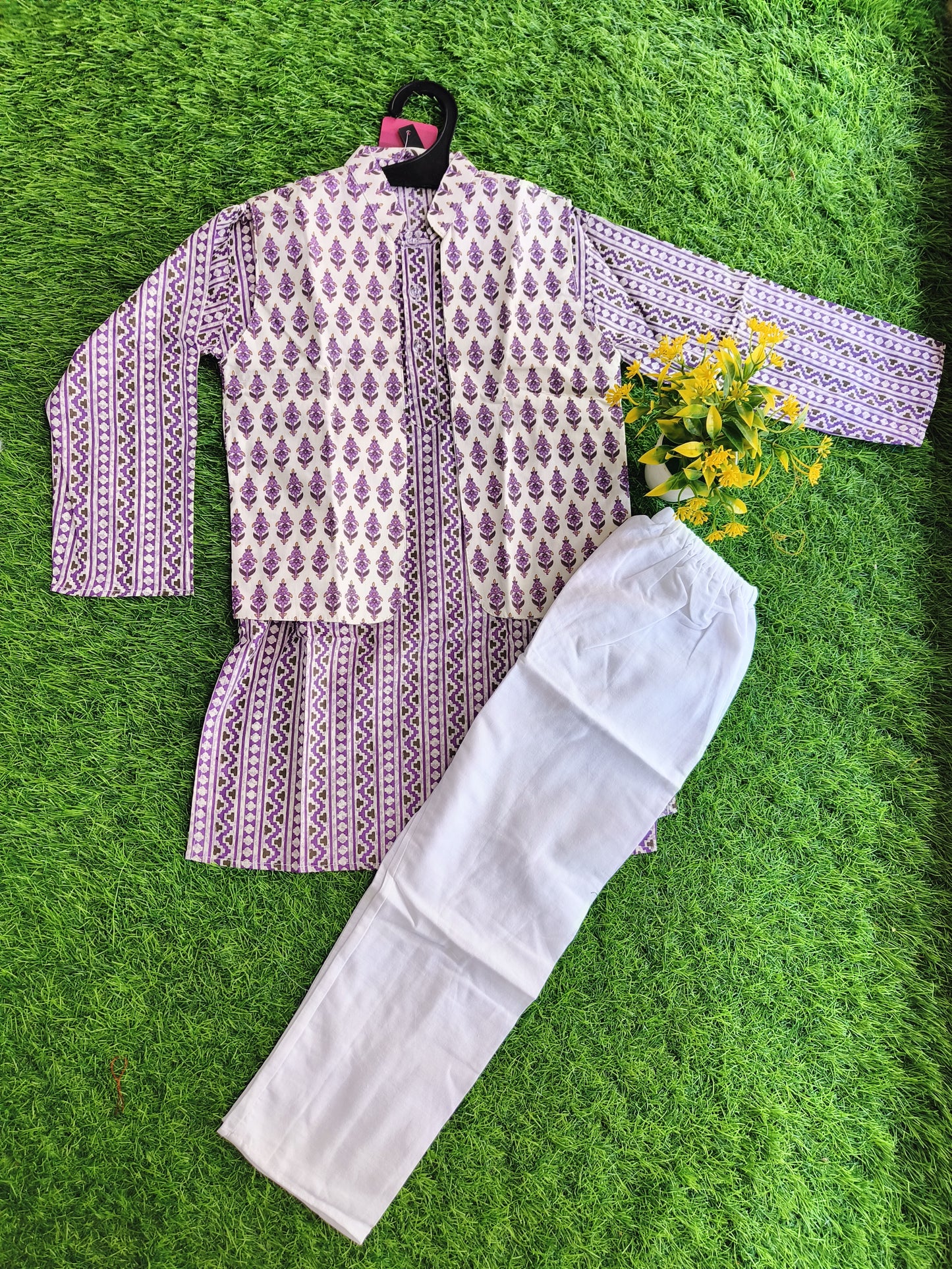 Classic Lavender Printed Nehru Jacket with Linen Kurta Outfit Set for Boy