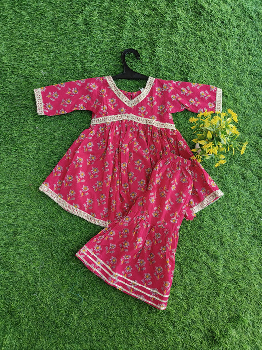 Classic Neomi-Pink Printed Cotton Sharara Outfit Set for Girl