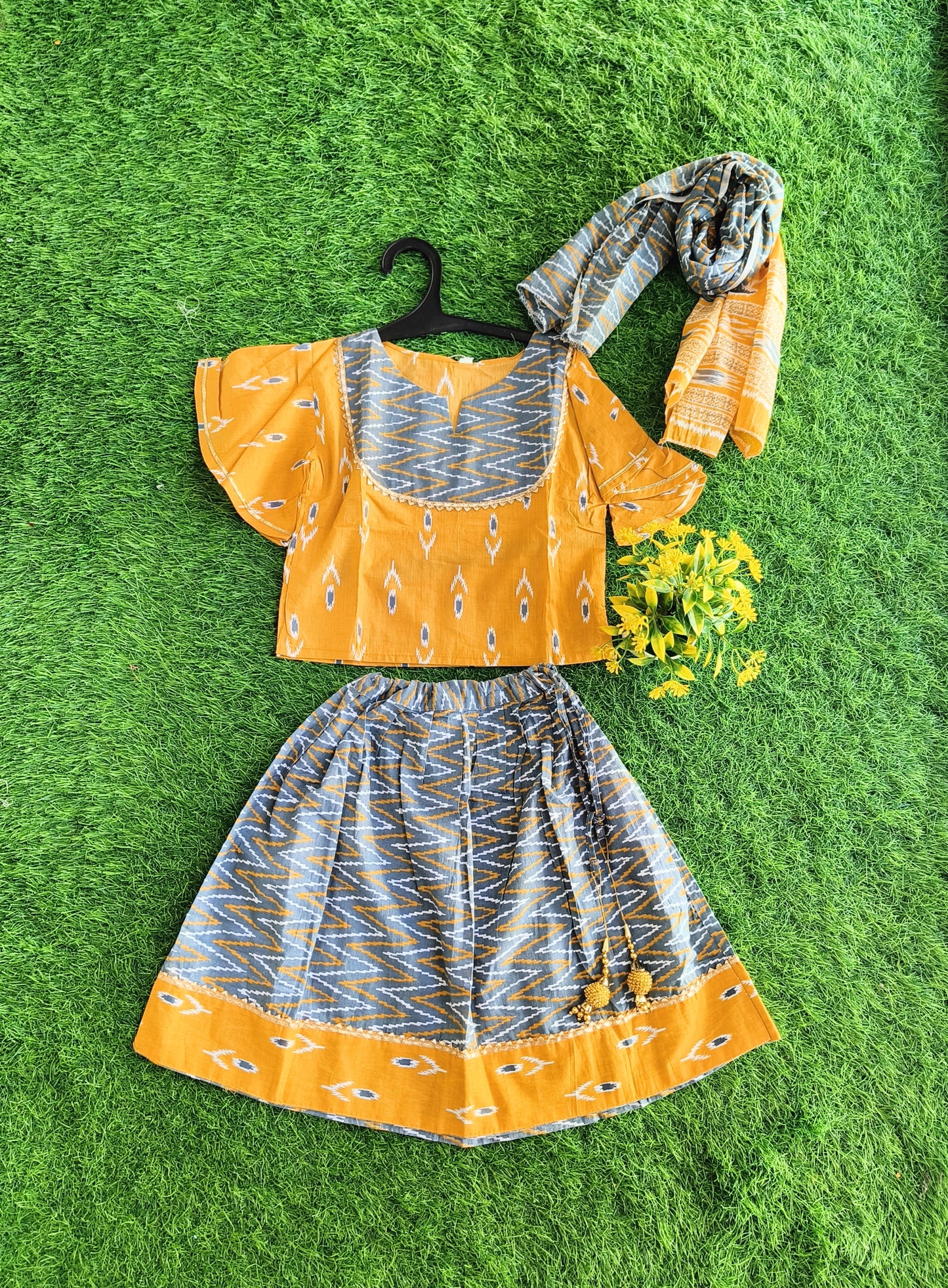 Rajasthani Yellow Attire Printed Kurti and Lehenga Outfit with Dupatta for Girl