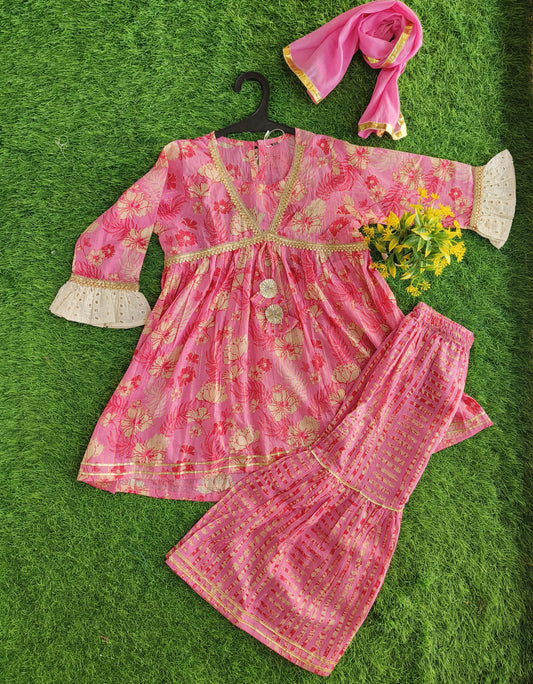 Ordinary Opera-Pink Printed Cotton Sharara Outfit Set for Girl