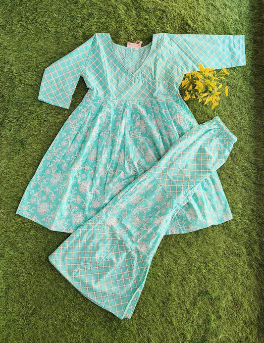 Ocean Water-Bluish Printed Cotton Sharara Outfit Set for Girl