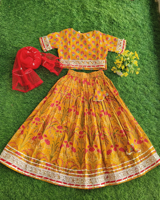 Traditional Glossy Flower Printed Kurti and Lehenga Outfit with Dupatta for Girl