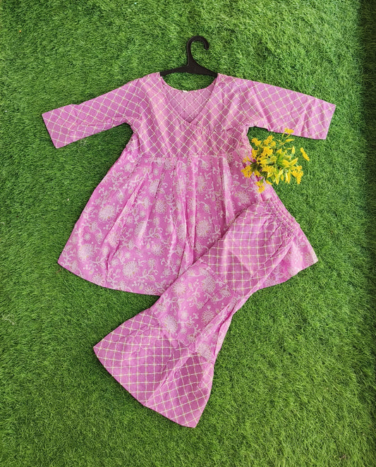 Cortical Mild-Pink Printed Cotton Sharara Outfit Set for Girl