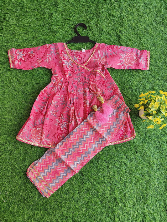 Trever Irish Pink Printed Kurti and Linen Pant Outfit for Girl