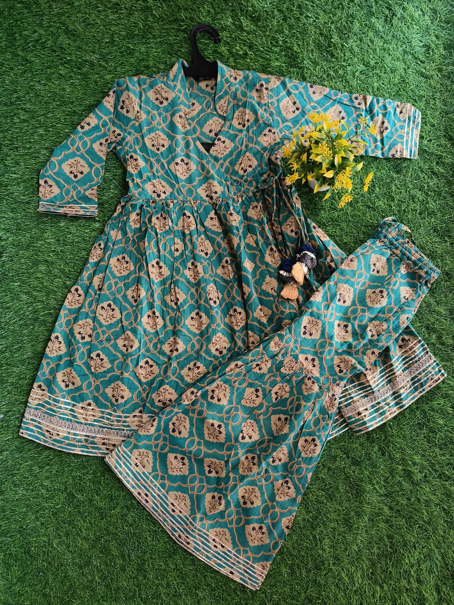 Bonjour Sea-Green Printed Cotton Sharara Outfit Set with Dupatta for Girl