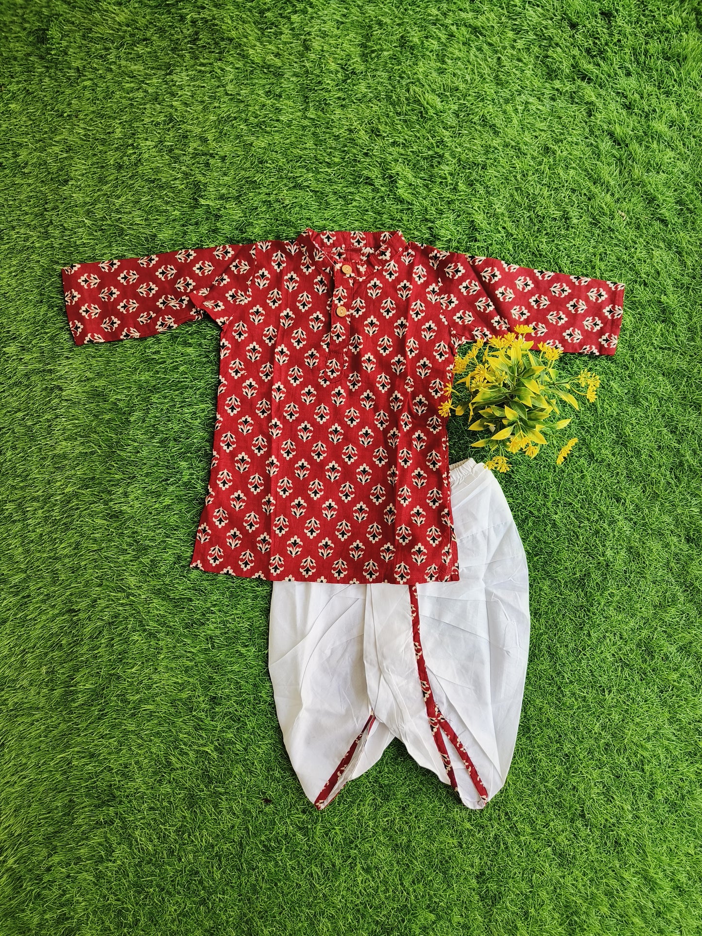 Red Maroon Montage Printed Cotton Dhoti Kurta Outfit Set for Boy