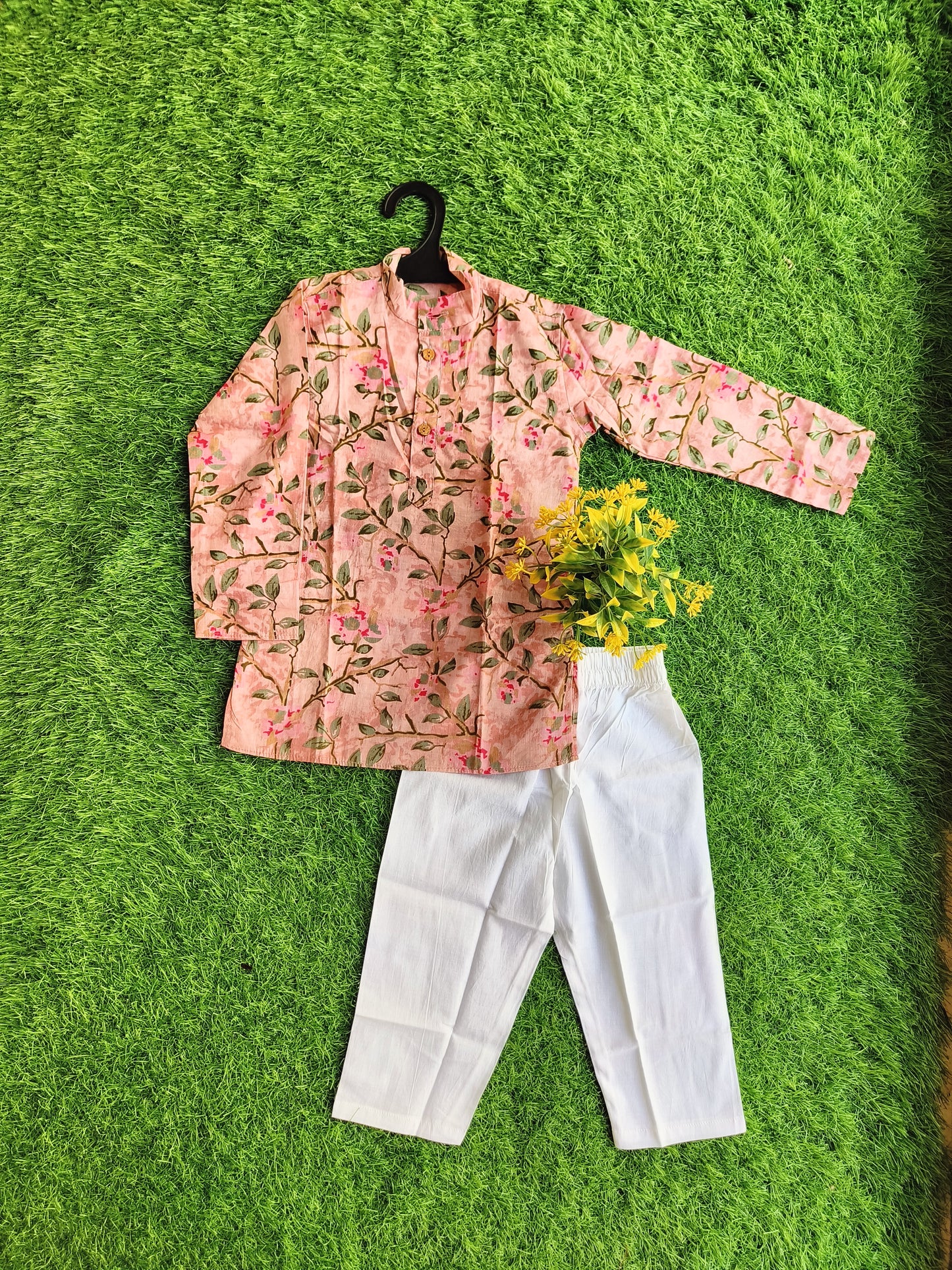 Lotus Leaf Flower Printed Cotton Kurta Pant Outfit Set for Boy