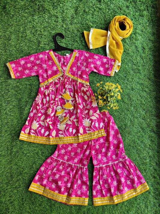 Traducian Rich-Pink Printed Cotton Sharara Outfit Set with Dupatta for Girl
