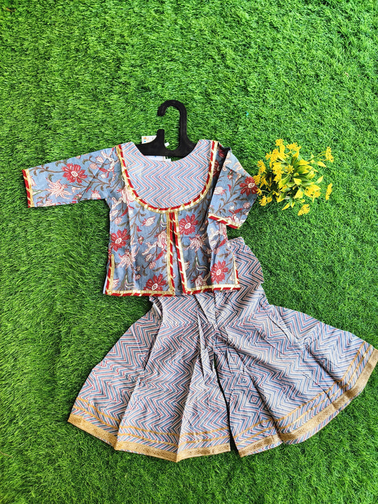 Irish Ancestral-Grayish Printed Cotton Sharara Outfit Set for Girl