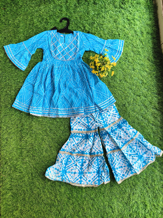 Arabian Antique-Blue Printed Cotton Sharara Outfit Set for Girl