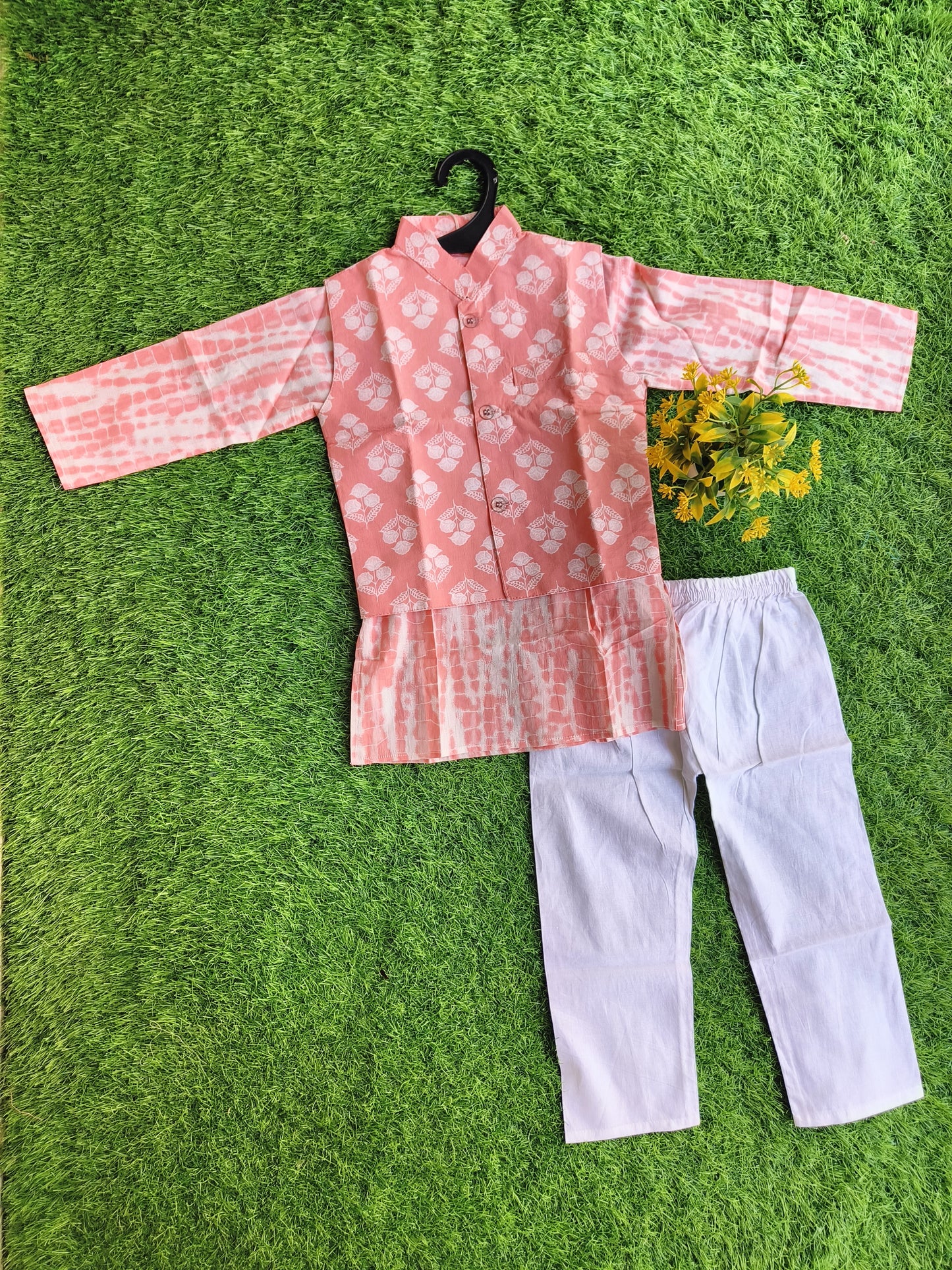 Planked Pink Printed Nehru Jacket with Linen Kurta Outfit Set for Boy