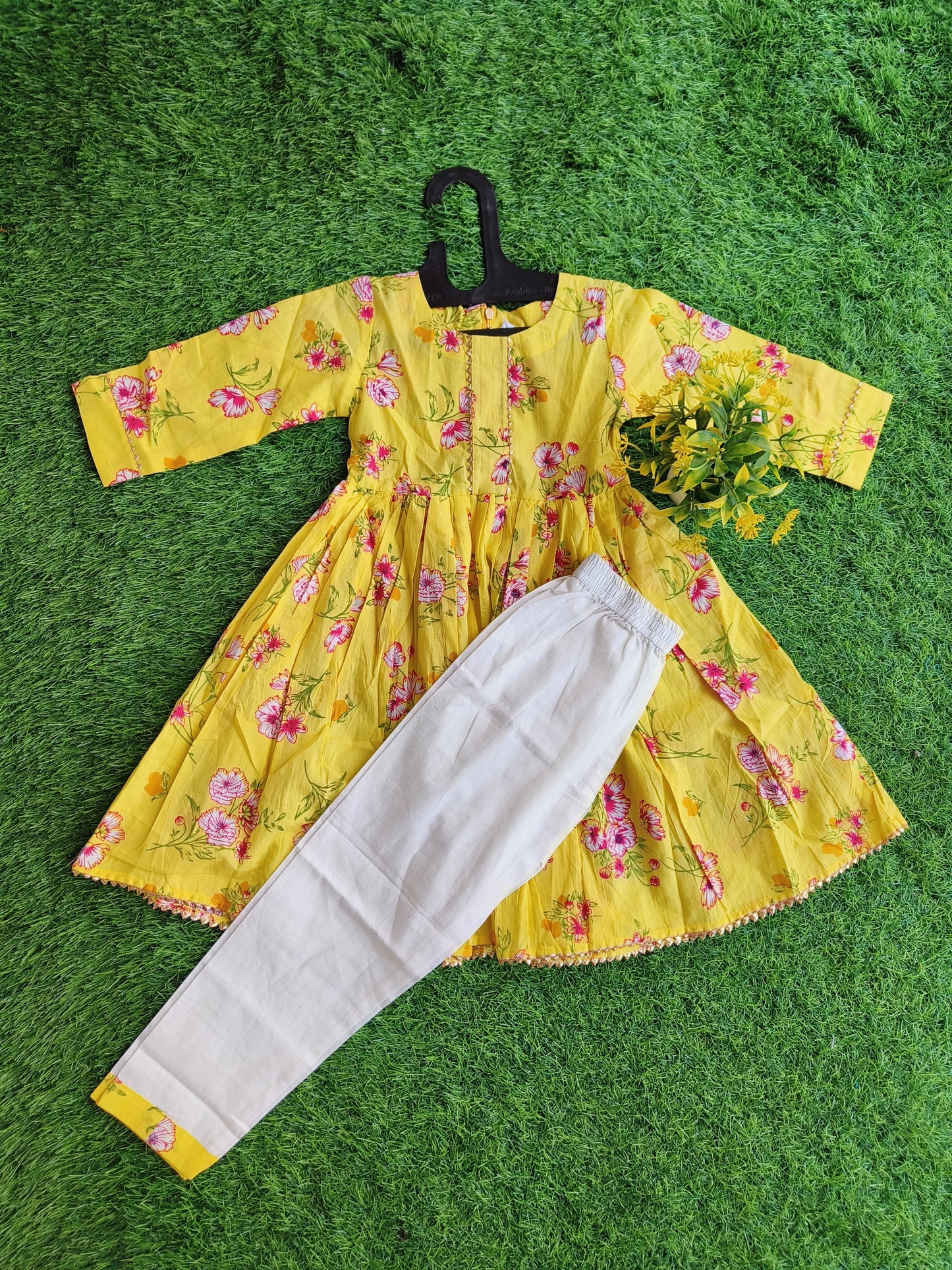 Indian Yellow Flowered Printed Kurti and Plain White Pant Outfit for Girl