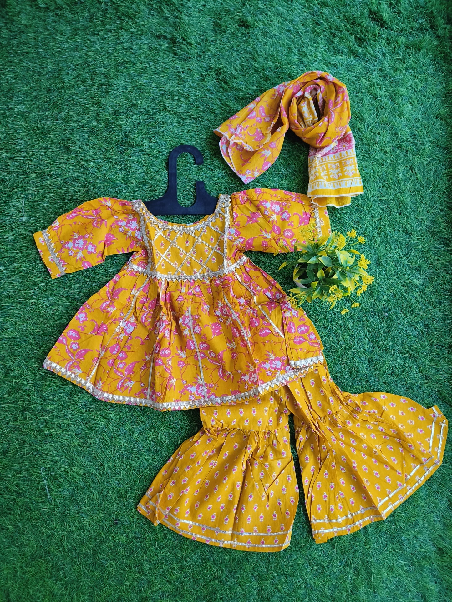 Vintage Cultural-Yellow Printed Cotton Sharara Outfit Set with Dupatta for Girl