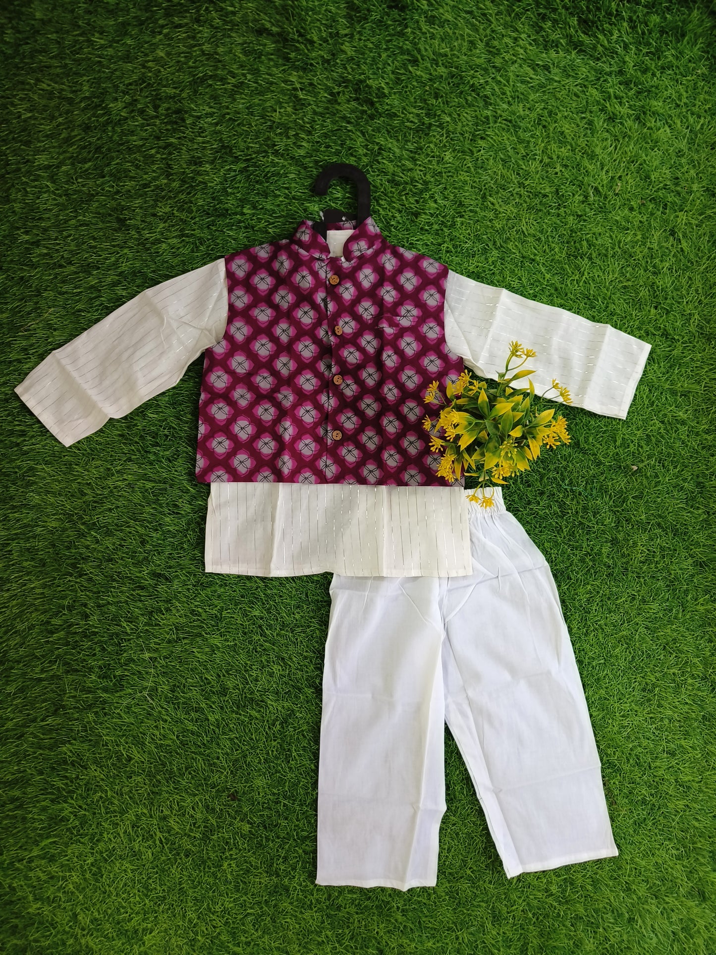 Maroon Diamond Block Printed Nehru Jacket with Linen Kurta Outfit Set for Boy