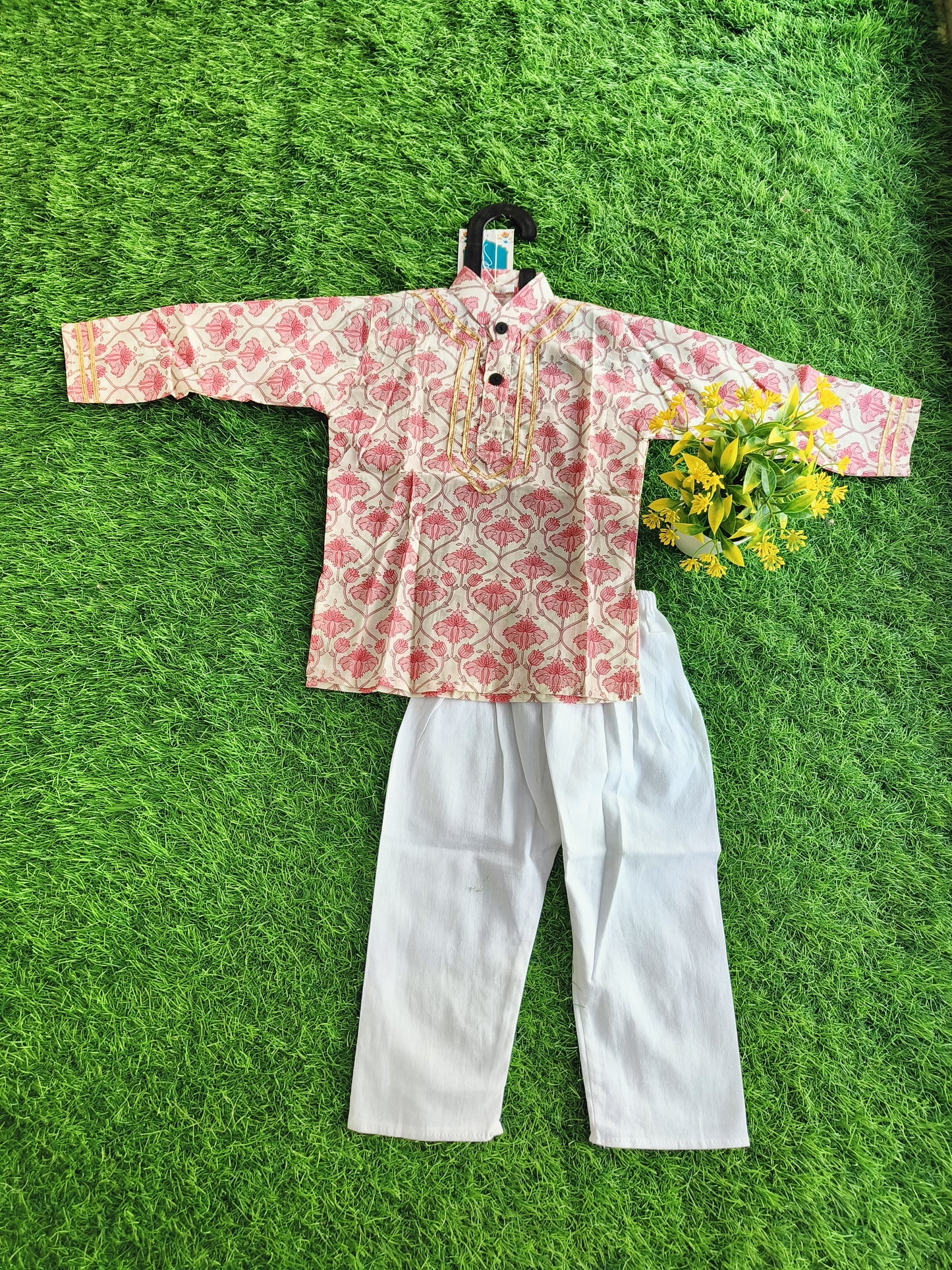 Vintage Flower Printed Cotton Kurta Pant Outfit Set for Boy