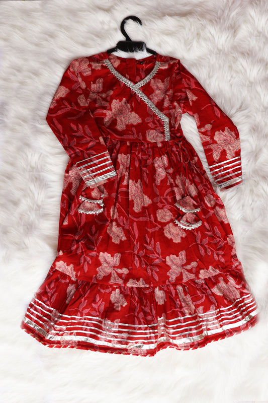 Traditional Reddish Flowered Printed Cotton Frock Outfit for Girl