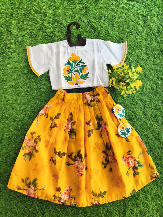 Vintage White Printed Top and Yellowish Flowered Lehenga Outfit for Girl