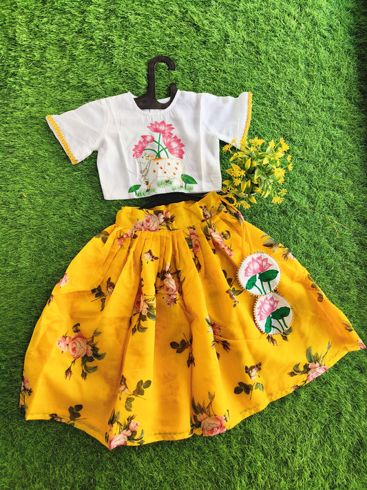 Lotus Plain Printed Top and Yellowish Flowered Lehenga Outfit for Girl