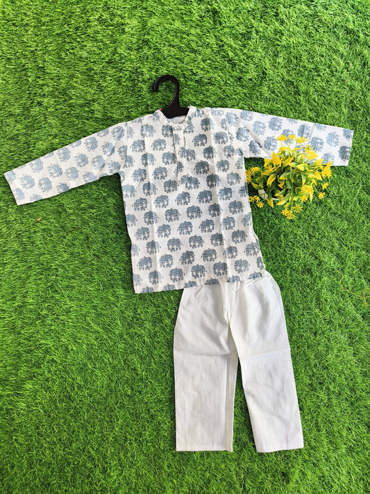 Classic White Printed Cotton Kurta Pajama Outfit Set for Boy