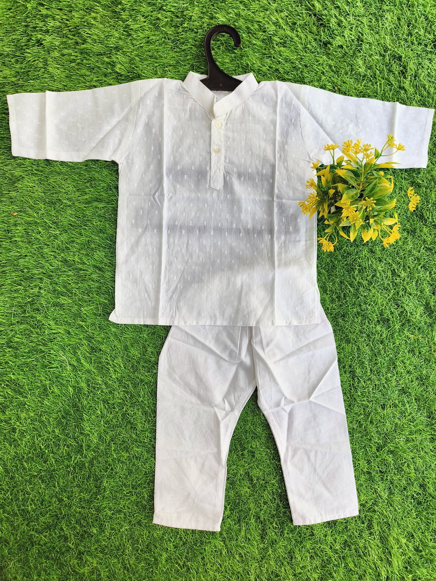 Ethnic Simple White Plain Cotton Kurta Pant Outfit Set for Boy