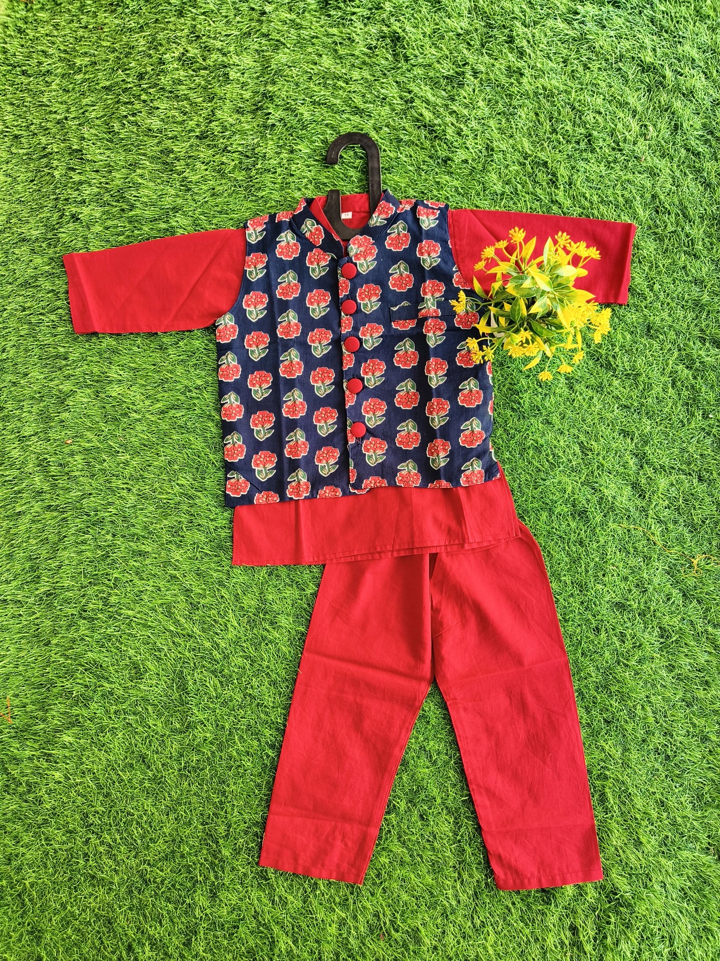 Classic Red Rose Printed Nehru Jacket with Plain Kurta Pant Outfit Set for Boy