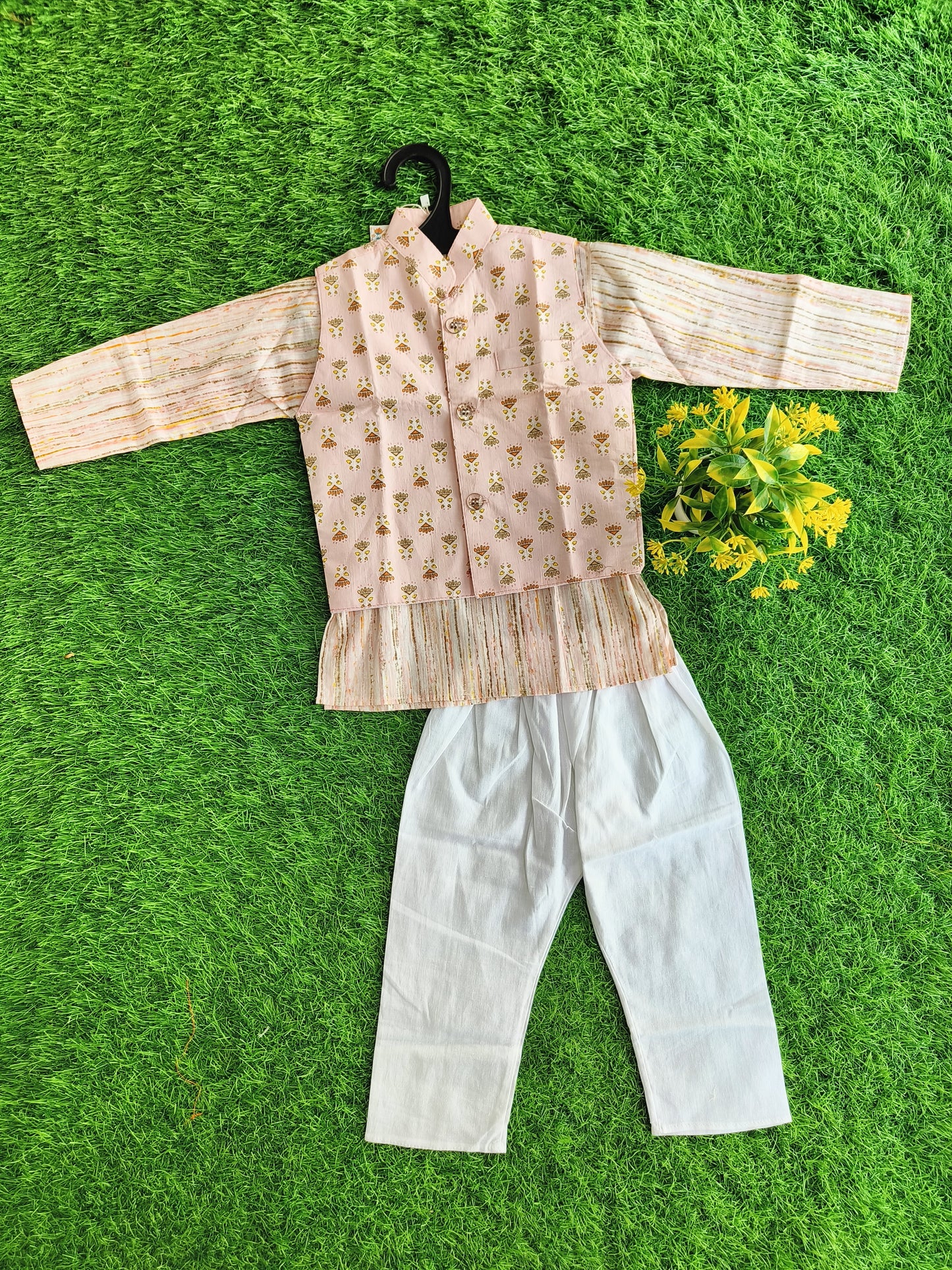 Classic Cream Flower Printed Nehru Jacket with Linen Kurta Pant Outfit Set for Boy