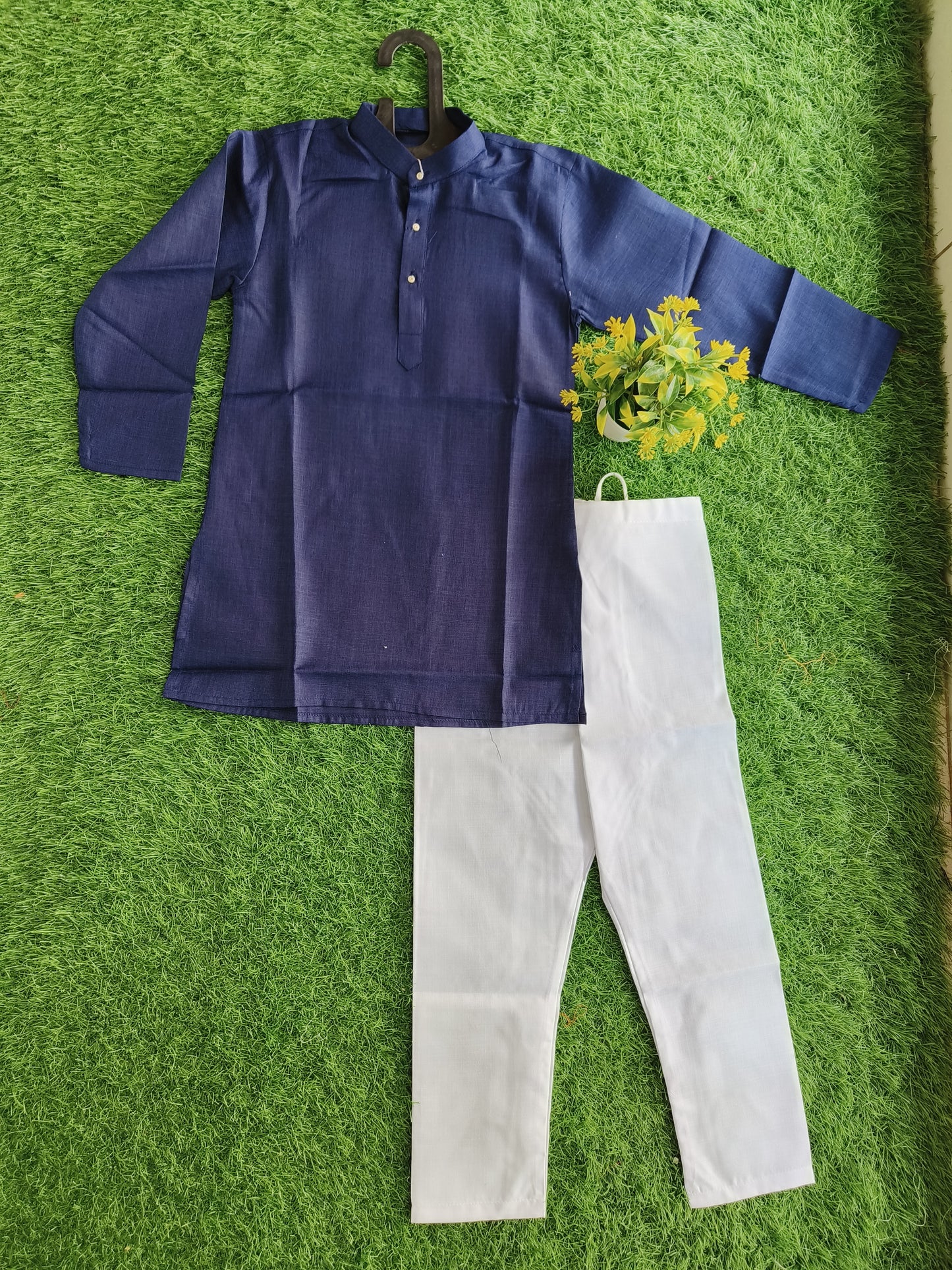 Bold Navy Blue Plain Cotton Kurta Pant Outfit Set for Boy