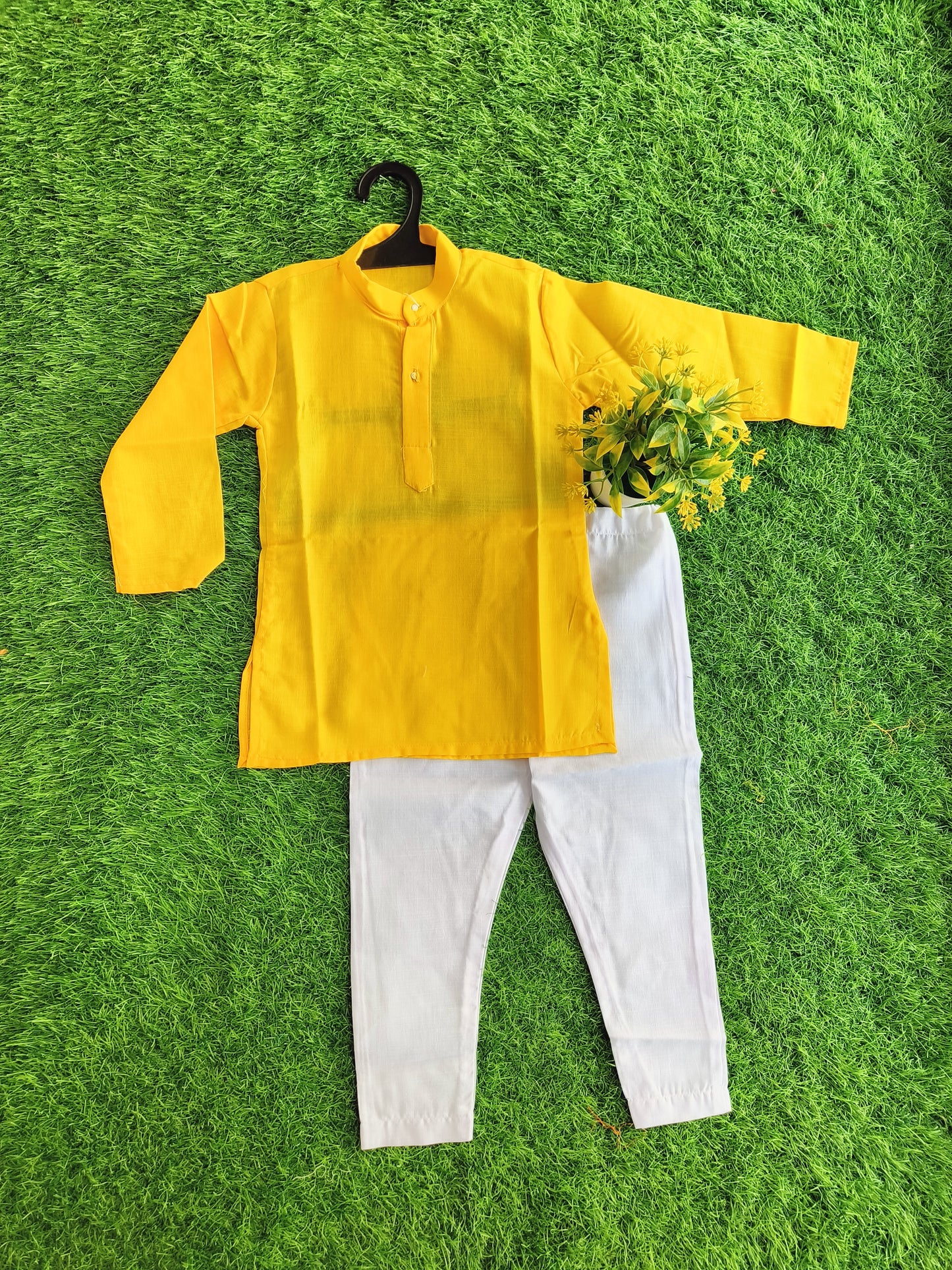 Bold Yellowish Plain Cotton Kurta Pant Outfit Set for Boy