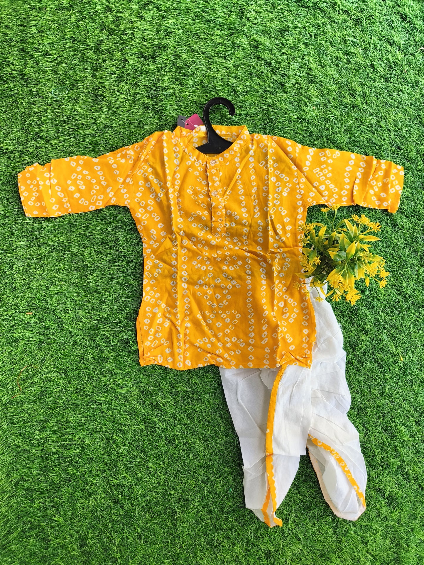 Metito Indian Yellow Printed Cotton Dhoti Kurta Outfit Set for Boy