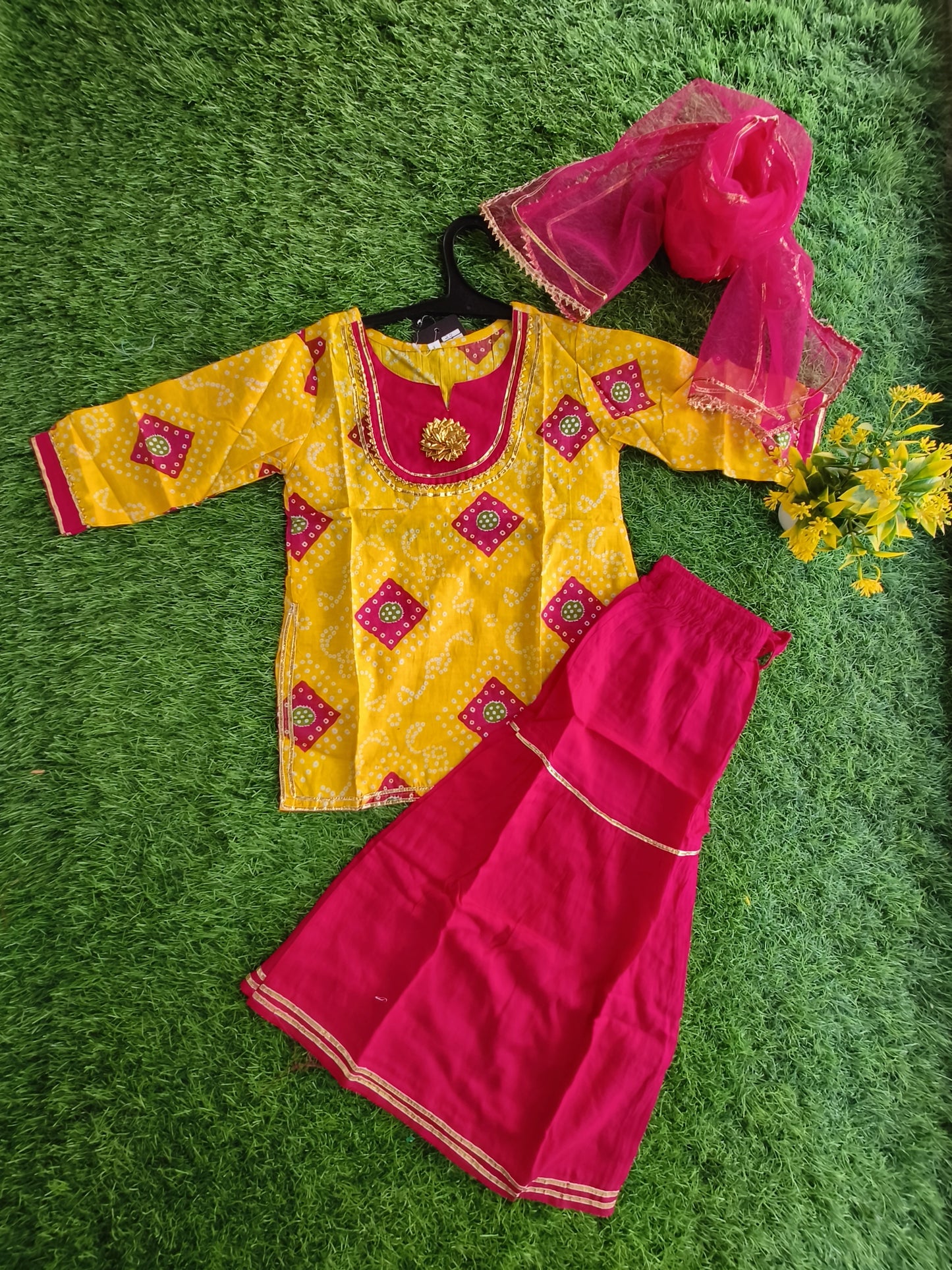 Athletic Tradition-Pink Printed Cotton Sharara Outfit Set with Dupatta for Girl