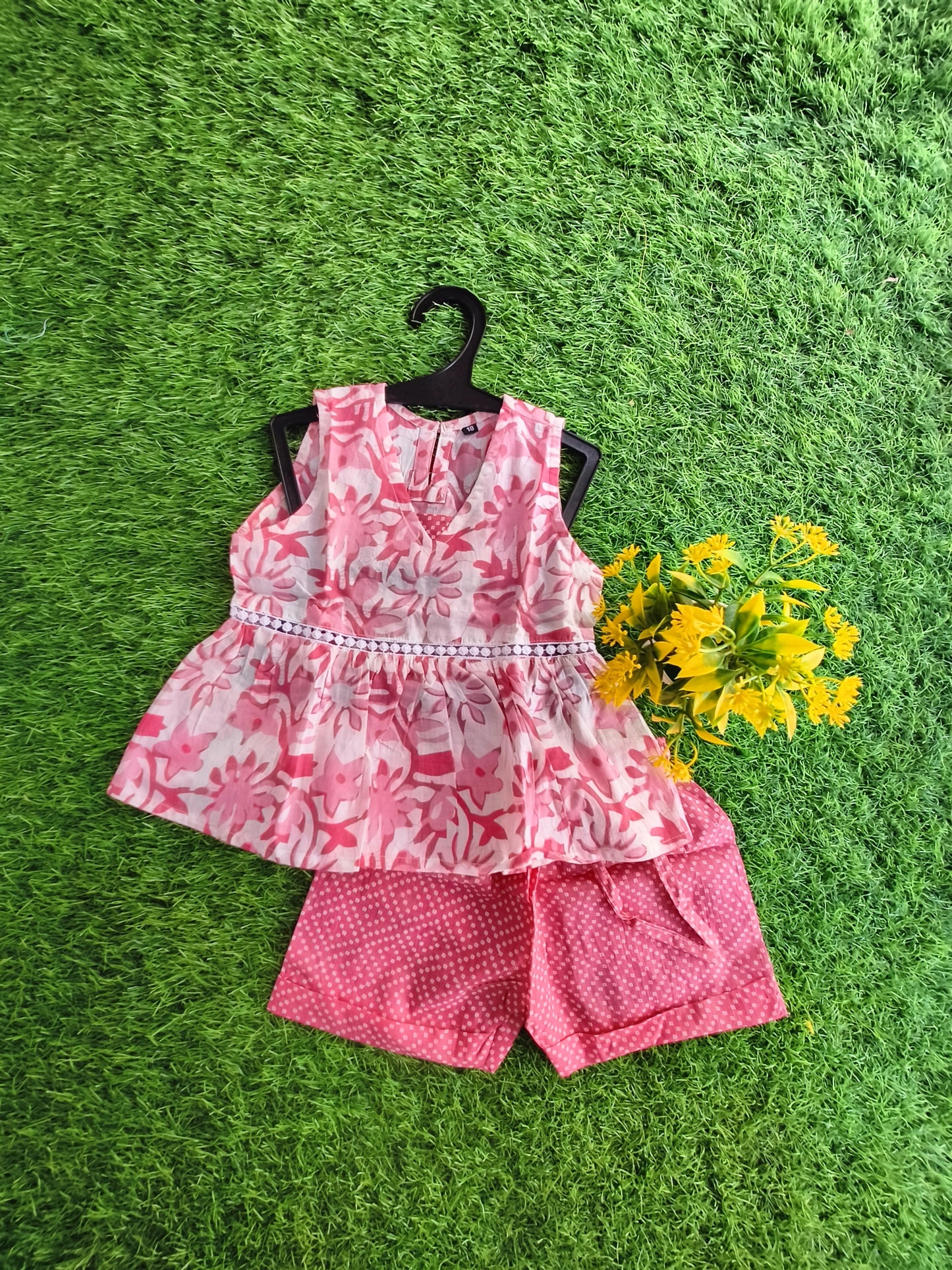 Melodious Seasonal Pink Shanghai Flower Printed Cotton Co-Ord Outfit Set for Girl