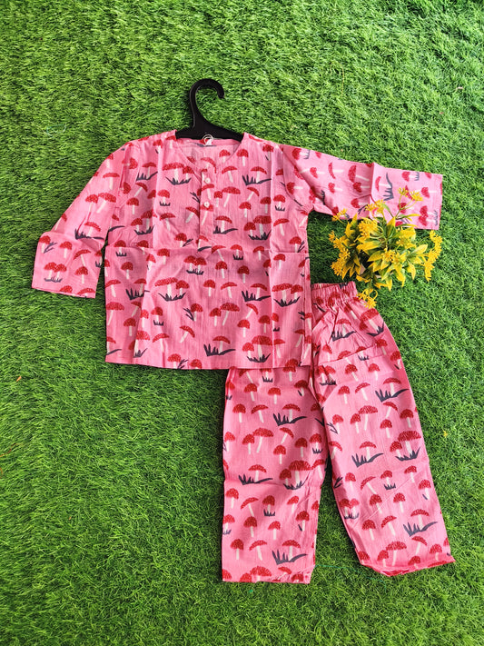 Red Mushroom Style Poppy Pink Printed Cotton Co-Ord Outfit Set for Girl