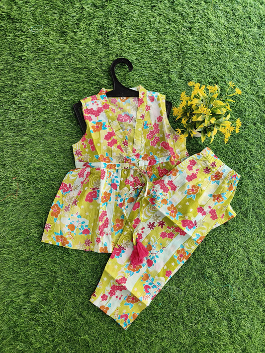 Vintage Colorful Flowers Printed Cotton Co-Ord Outfit Set for Girl