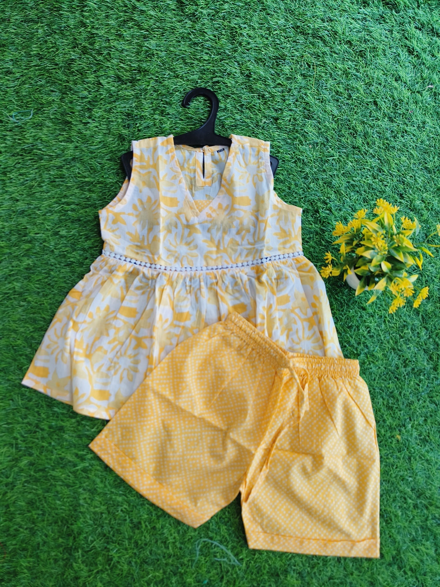 Golden Crystal Leaf Flower Printed Cotton Co-Ord Outfit Set for Girl