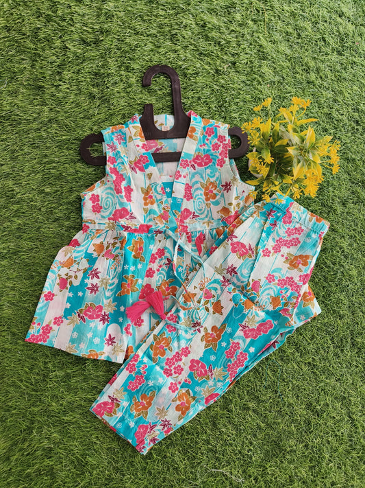 Classic Belgium Flowered Printed Cotton Co-Ord Outfit Set for Girl
