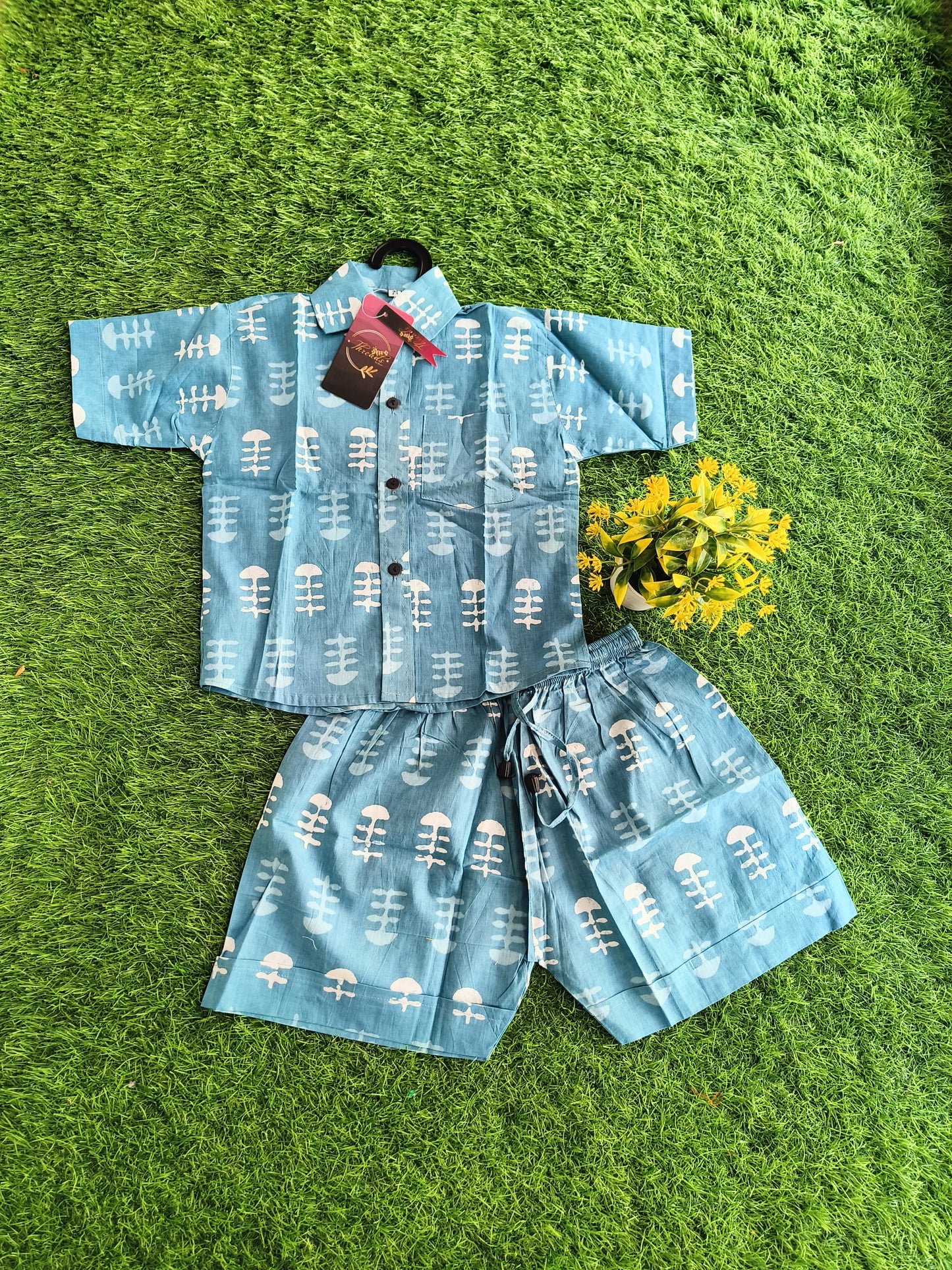 Fusion Light Blue Printed Cotton Co-Ord Outfit Set for Boy