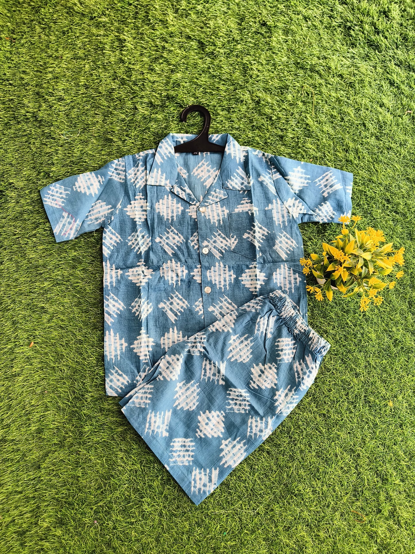 Antique Water Blue Printed Cotton Co-Ord Outfit Set for Boy