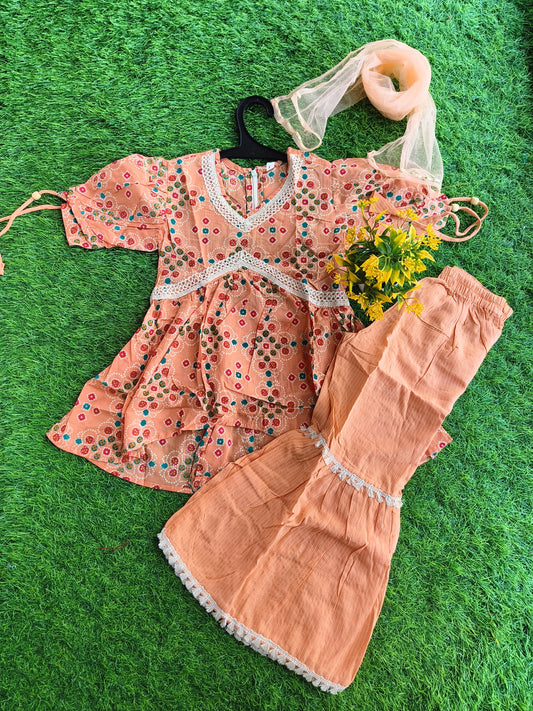 Folklore Light-Orange Printed Cotton Sharara Outfit Set with Dupatta for Girl