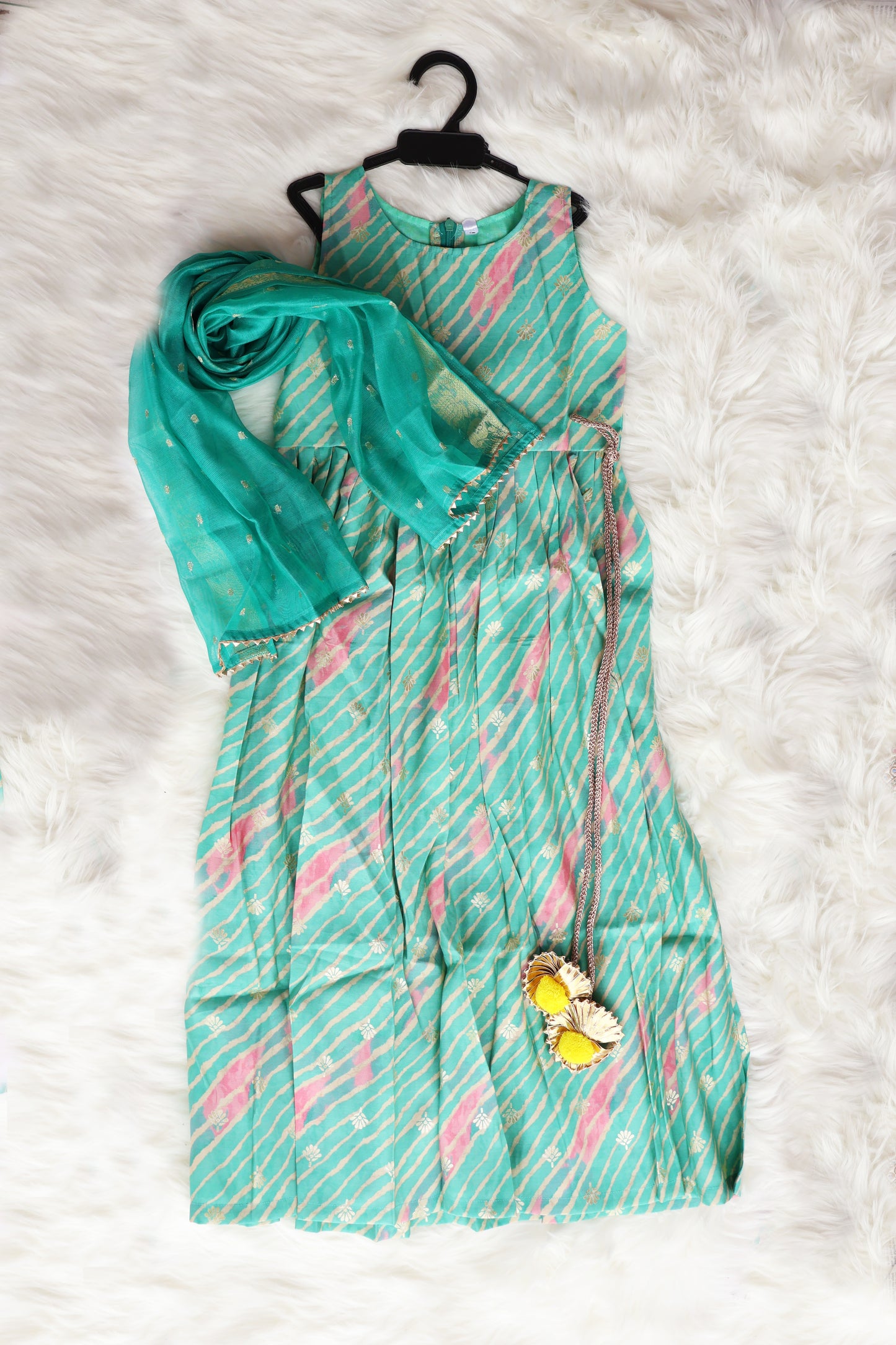 Classic Sea Green Printed Cotton Frock Outfit with Dupatta for Girl