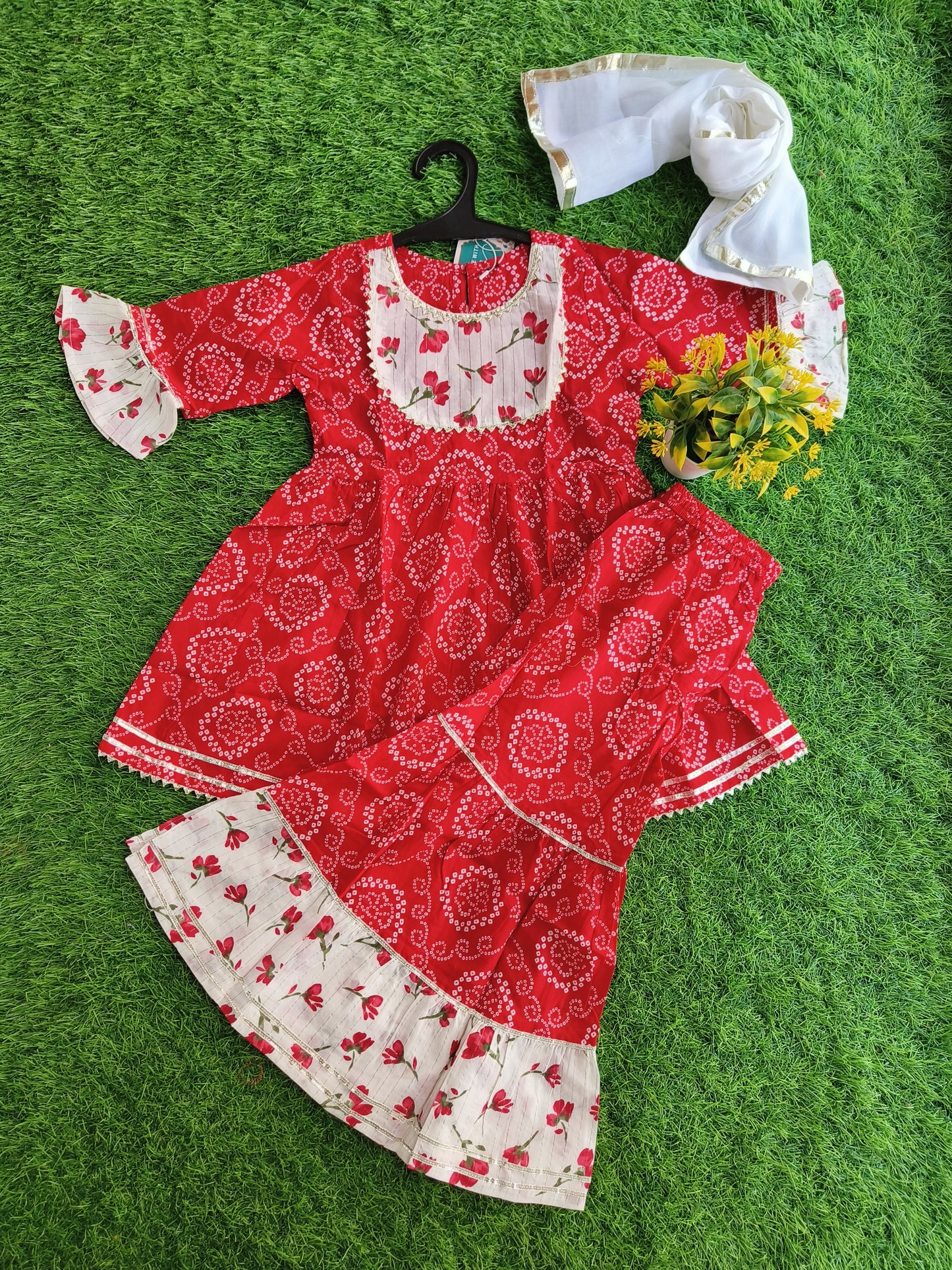 Cosplay Cherry-Red Printed Cotton Sharara Outfit Set with Dupatta for Girl