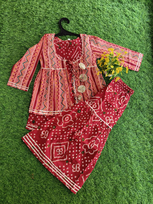 Conservative Classic-Maroon Printed Cotton Sharara Outfit Set for Girl