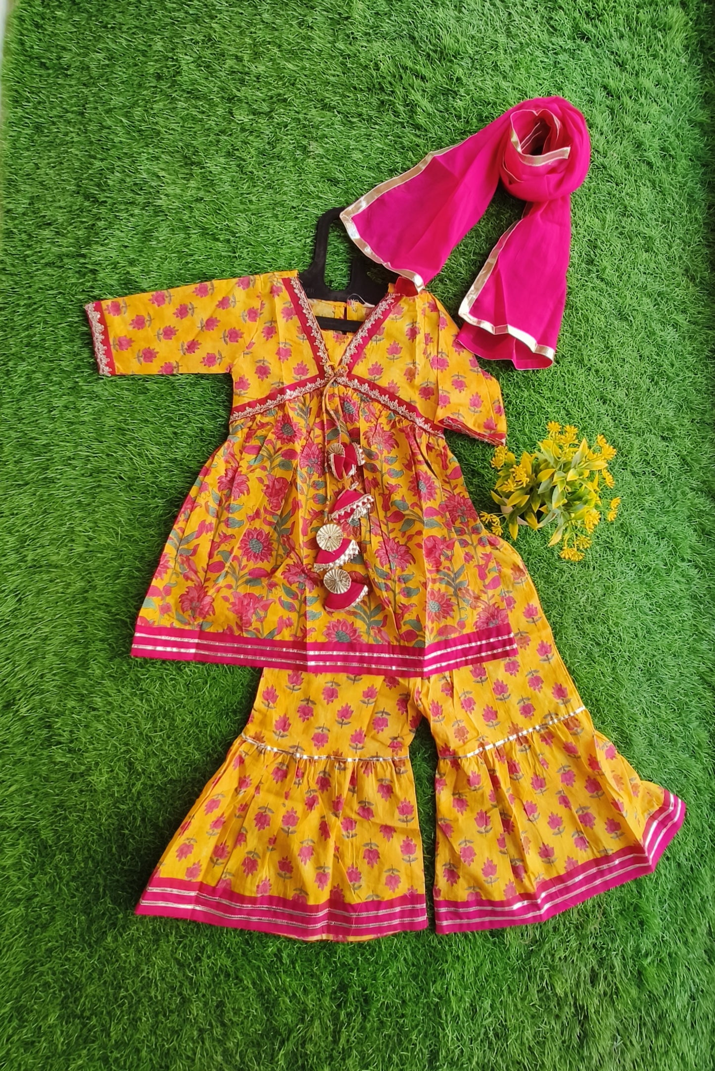 Bourgeois Trible-Yellow Printed Cotton Sharara Outfit Set with Dupatta for Girl